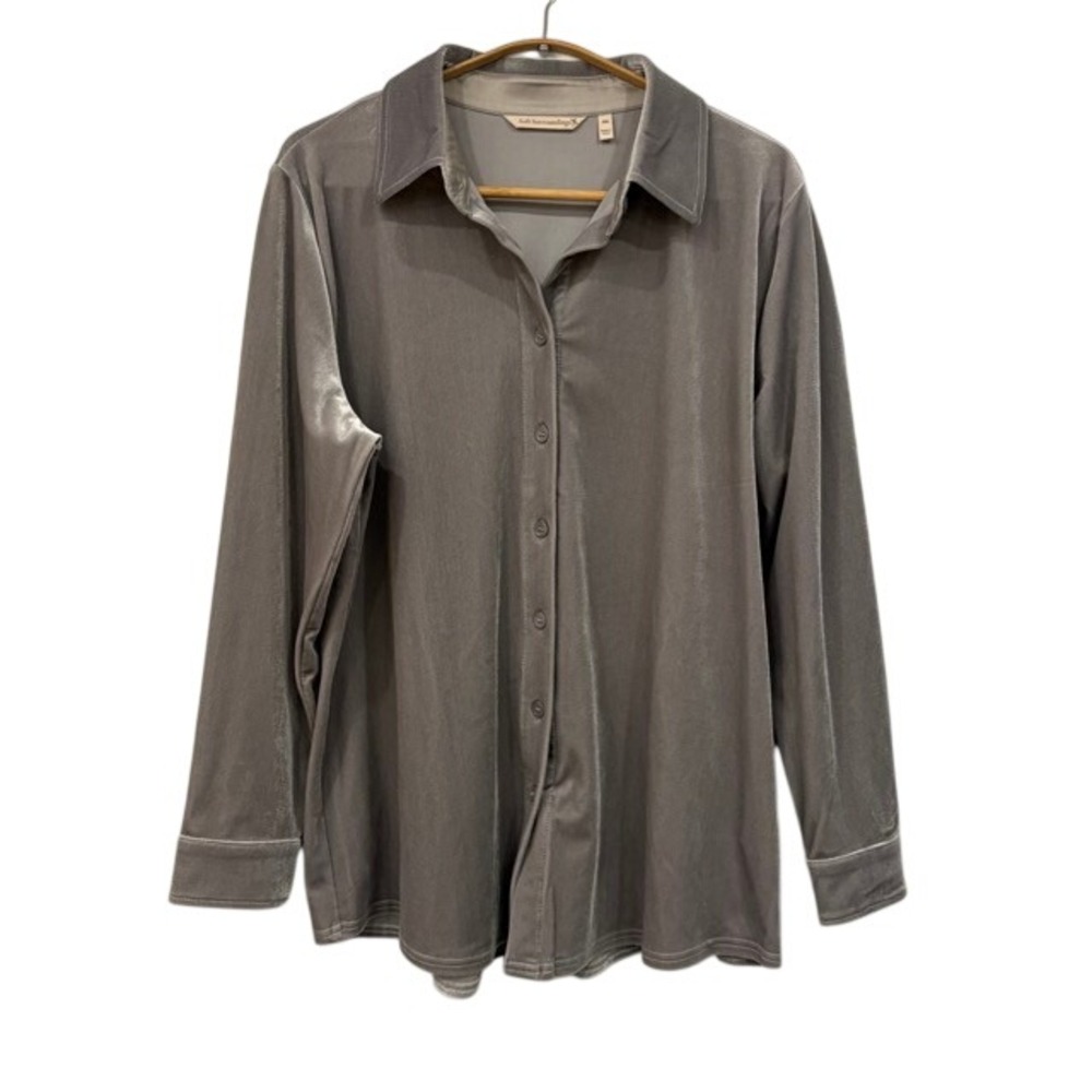 Soft‎ Surroundings Gray Velvet Button Down Shirt Petite Medium Top Goth Y2K 90s